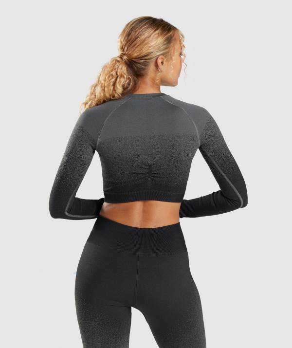 Damske Crop Top Gymshark Adapt Ombre Seamless Long Sleeve Čierne Siva | IM7918204